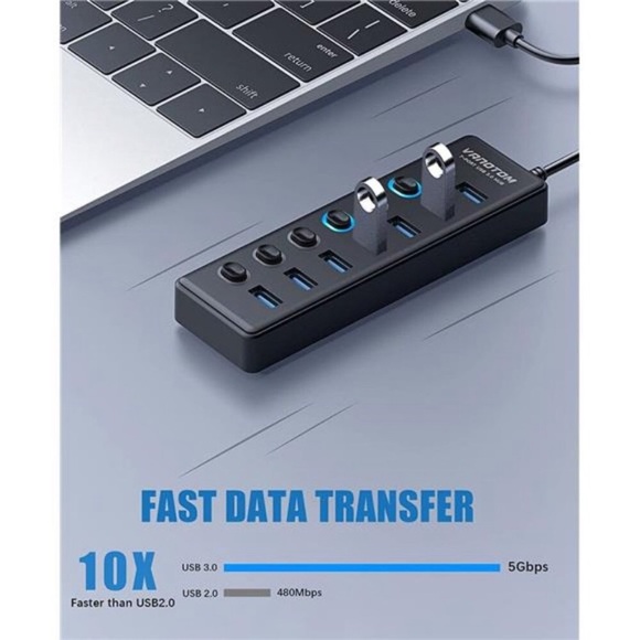 USB 3.0 Hub, 7-Port USB Hub Splitter with LED, 3ft Extended Long Cable - Picture 3 of 7